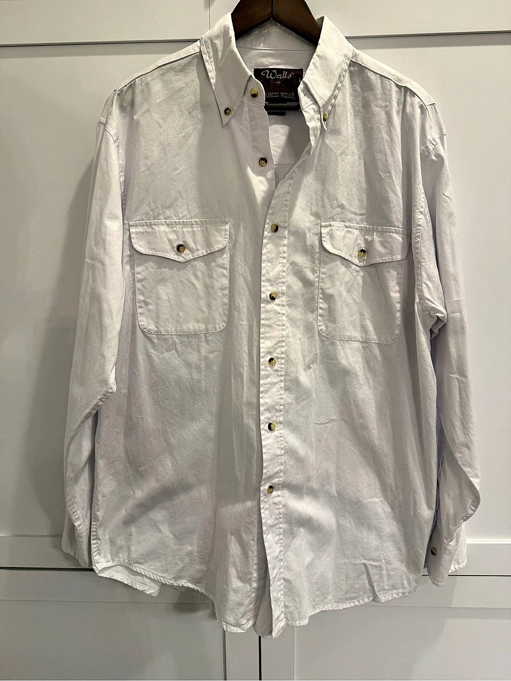 Walls Authentic Ranch Wear Men’s Large White Cotton Western Shirt Cowboy